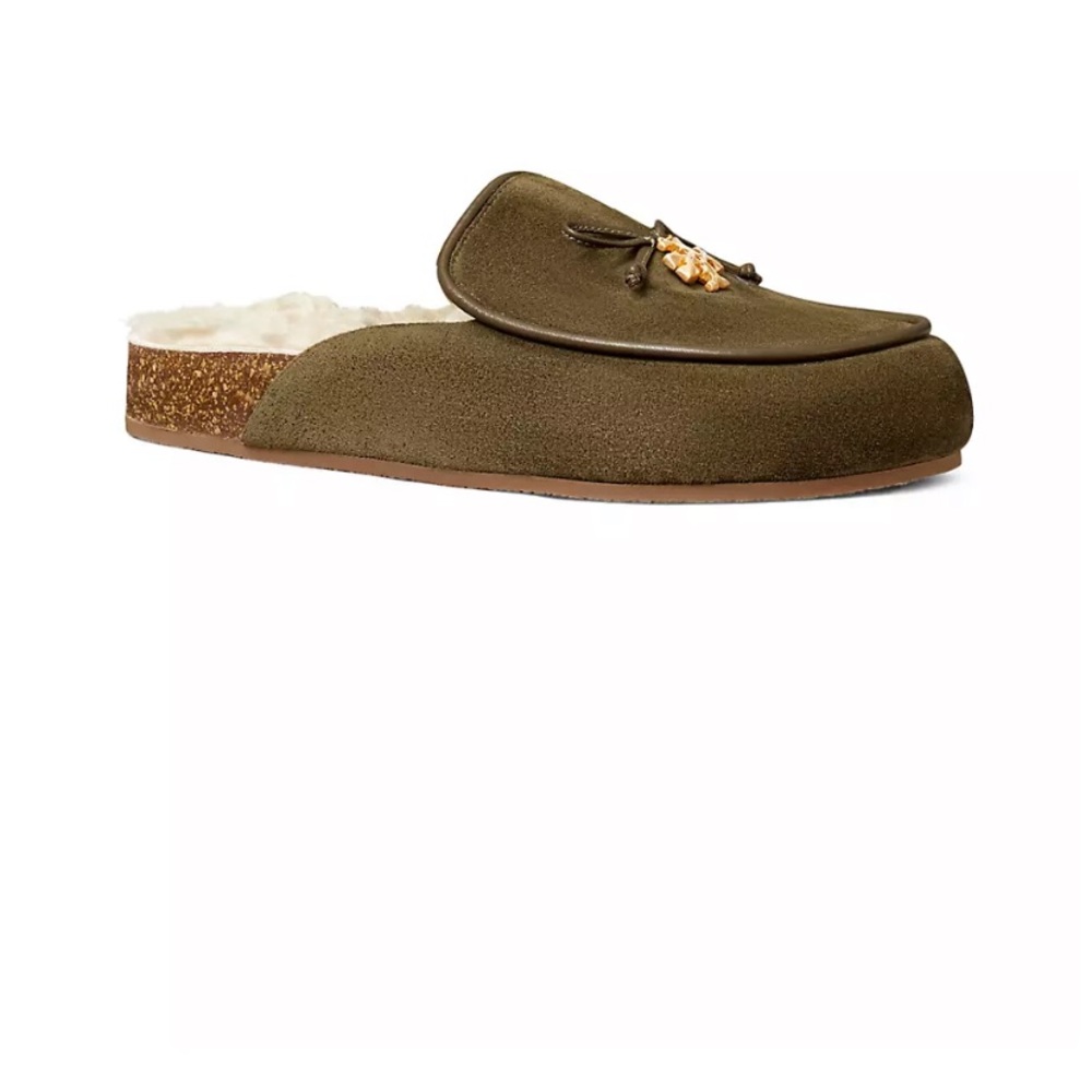 Tory Burch Olive Suede Shearling Lined Slip-On Slippers with Gold Logo